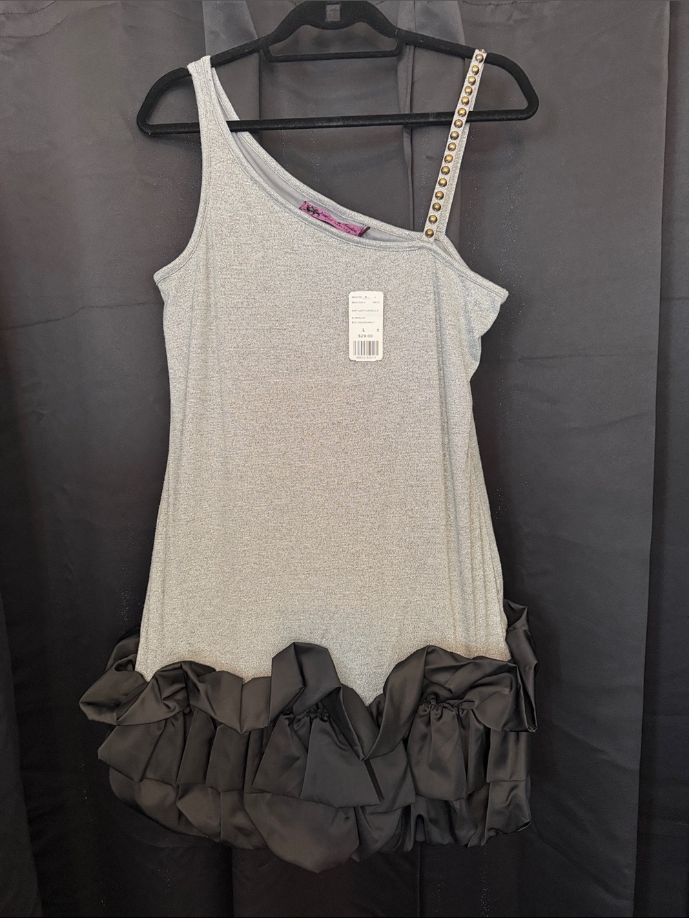 Silver One-Shoulder Tank Dress with Black Ruffle Hem